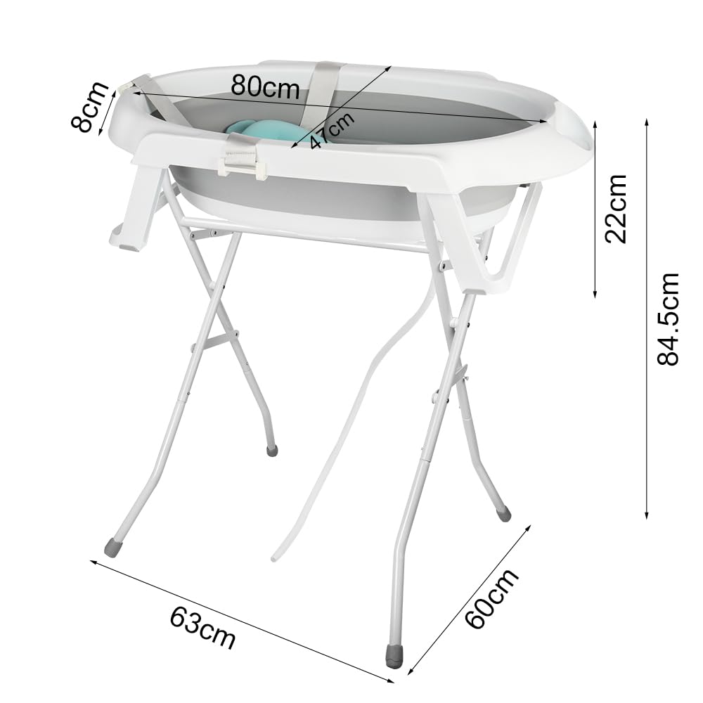 Faltbare Babybadewanne mit Stahlhalterung, ergonomisches Badewannenkissen und Ablaufschlauch – faltb