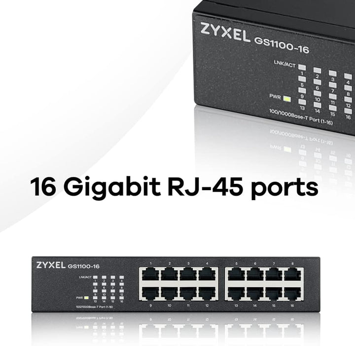 Zyxel 16-Port Gigabit Ethernet Unmanaged Switch - Design ohne Lüfter [GS1100-16v3] Single, Single