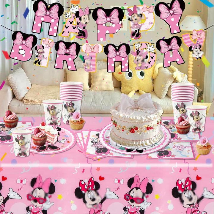 Pappteller Kindergeburtstag Geschirr Party Deko Mädchen-52PCS Rosa Mini Mouse Pappteller Tischdecke