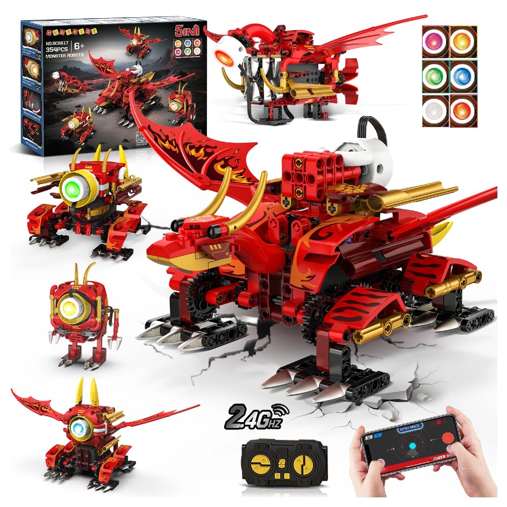 HOGOKIDS 5-in-1-Drachenroboter-Bauspielzeug mit 6 Lichtfarben und 5 Lichteffekten – 354PCS Roboter-S
