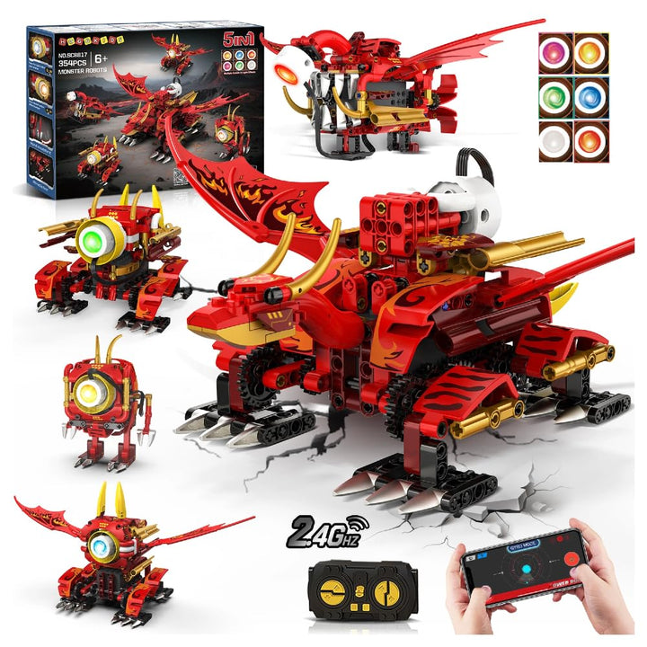 HOGOKIDS 5-in-1-Drachenroboter-Bauspielzeug mit 6 Lichtfarben und 5 Lichteffekten – 354PCS Roboter-S
