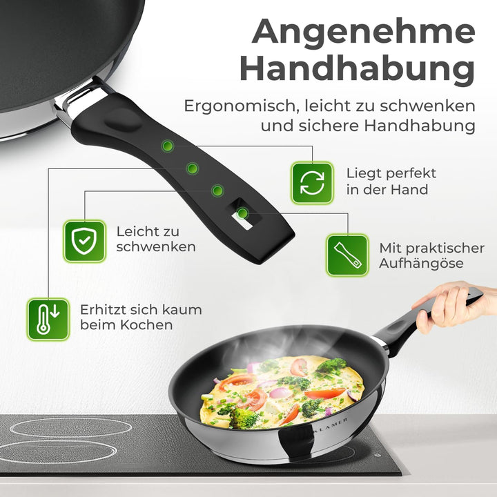 KLAMER Bratpfanne (24 + 28cm) Induktion – Profi Edelstahlpfanne mit Greblon® C3+ Antihaftbeschichtun