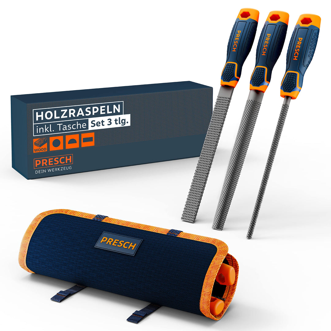 Presch Holzraspel Set 3tlg. inkl Rolltasche - Hochwertiges Holzfeilen Set inkl. Flachstumpfraspel, H