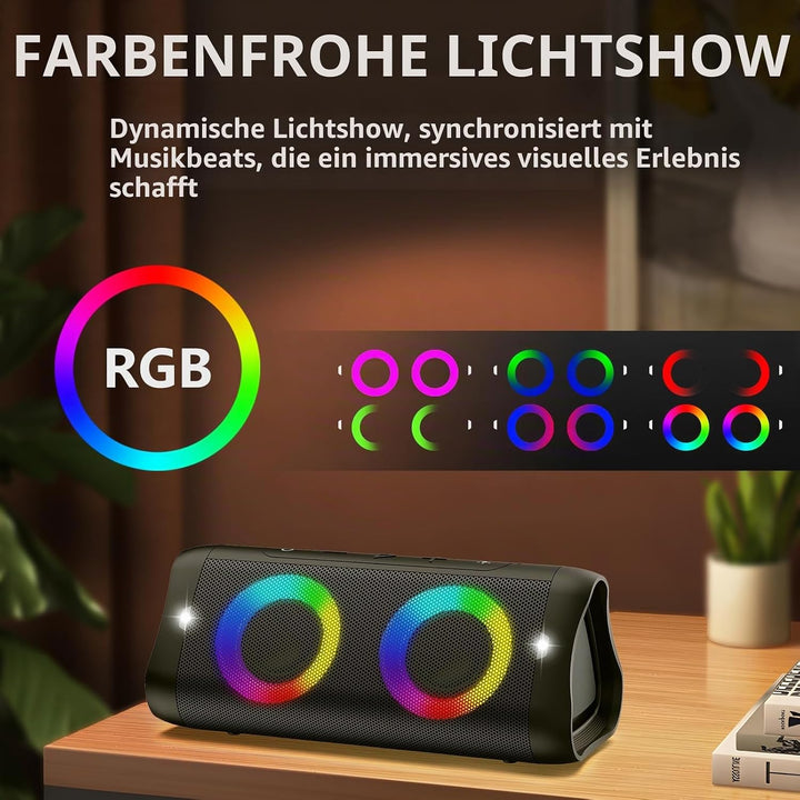 DONOW Bluetooth Lautsprecher mit Licht, 30W Stereo Sound, Musikbox Bluetooth Box mit IPX5 wasserdich