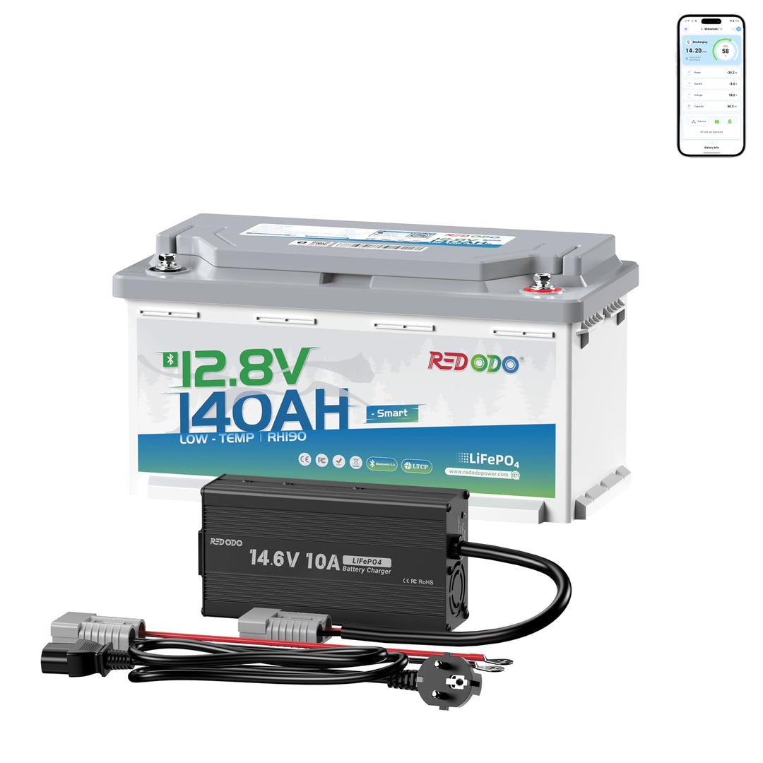 Redodo 12V 140Ah H190 Bluetooth Untersitz-LiFePO4 Batterie mit 12V 10A Lifepo4 Batterieladegerät, 17