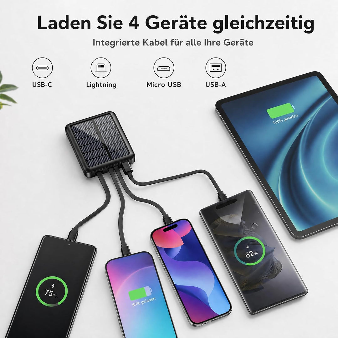 Mini Powerbank 15000mAh mit Solarpanel und integrierten Ladekabeln