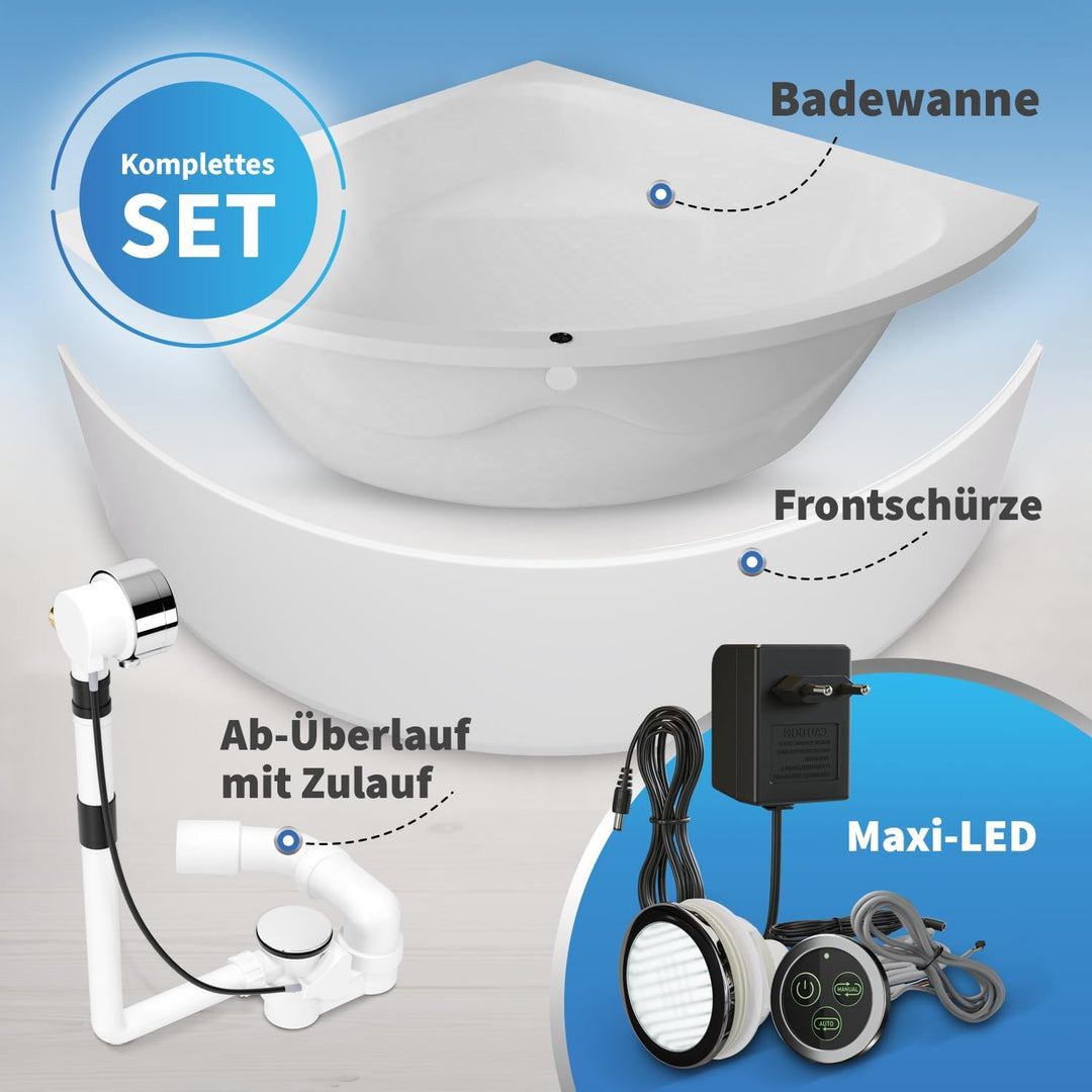 AQUADE Acryl Eckbadewanne 140x140 Modell: Koblenz - Weiss Badewanne Komplettset 140x140 - Badewannen