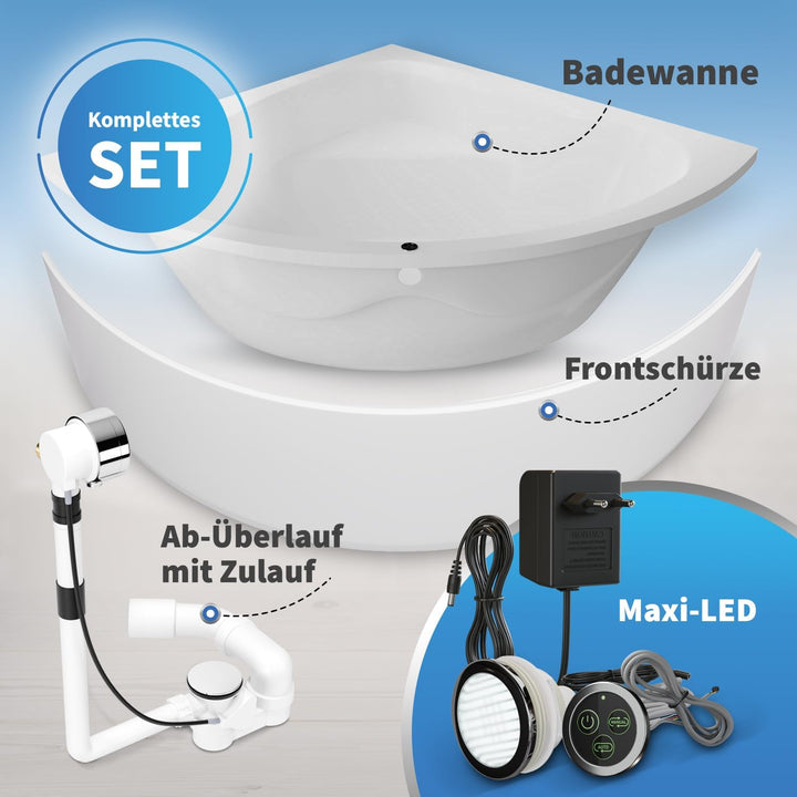 AQUADE Acryl Eckbadewanne 140x140 Modell: Koblenz - Weiss Badewanne Komplettset 140x140 - Badewannen