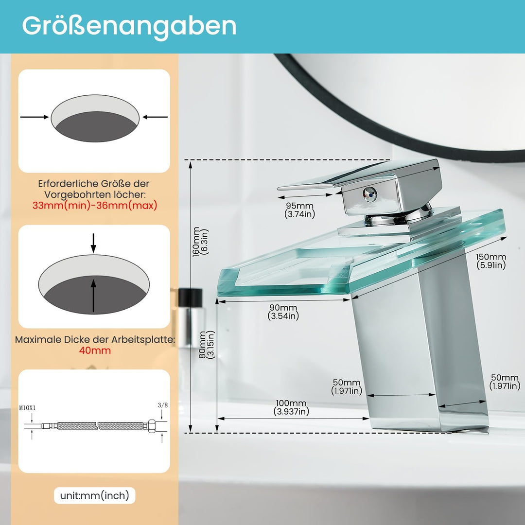 Wasserhahn Bad,Wasserfall Armatur Badezimmer Glas,Einhand-Waschtischarmatur,Chrome, Chrome