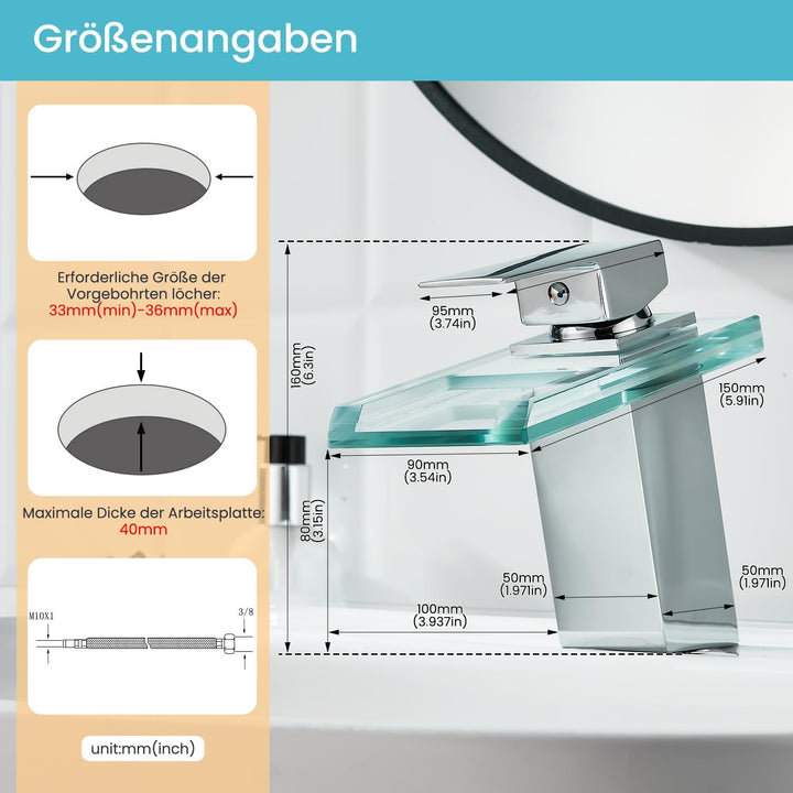 Wasserhahn Bad,Wasserfall Armatur Badezimmer Glas,Einhand-Waschtischarmatur,Chrome, Chrome