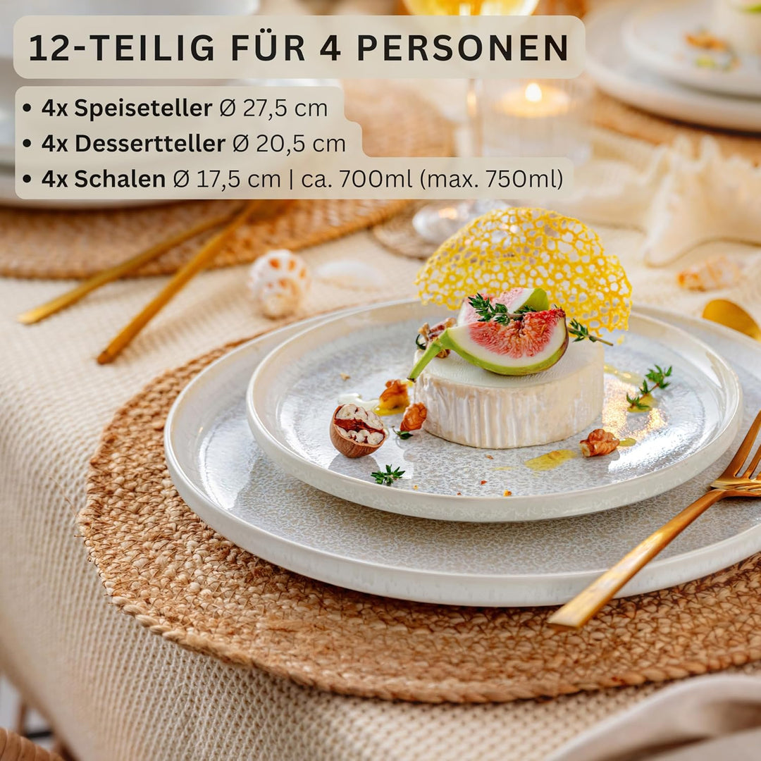 SÄNGER | Geschirrset Korfu 12 tlg, Tafelservice 4 Personen, Steingut Geschirr Handmade, Teller Set i