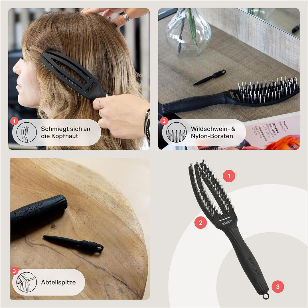 Olivia Garden Fingerbrush Care Iconic - Small - Schwarz - Detangler Bürste mit Wildschweinborsten &
