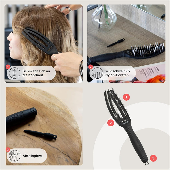 Olivia Garden Fingerbrush Care Iconic - Small - Schwarz - Detangler Bürste mit Wildschweinborsten &