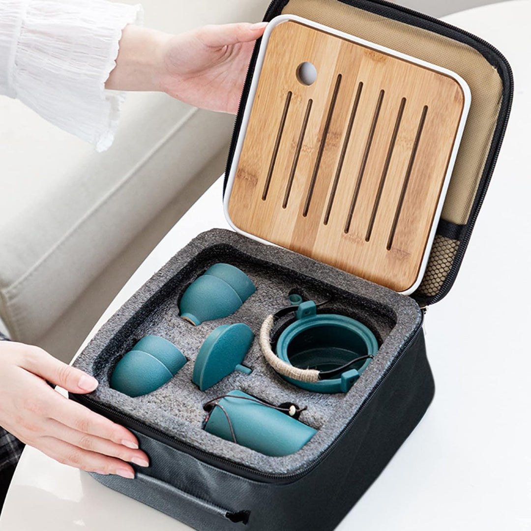 fanquare Japanisches Tragbare Reise Tee Set mit Reisetasche, Grün Chinesisches Tee Set aus Keramik,