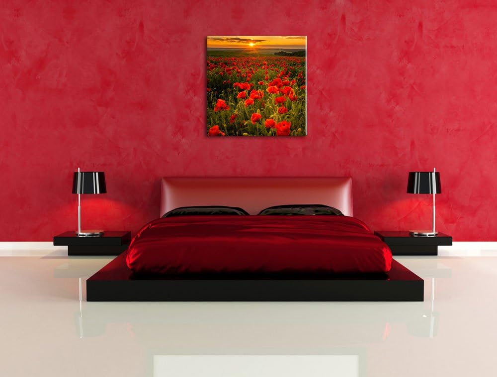 Pixxprint Mohnwiese im Sonnenuntergang als Leinwandbild/Grösse: 70x70 cm/Wandbild/Kunstdruck/fertig