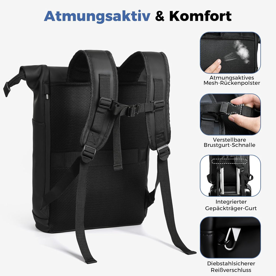 Wasserdicht Rucksack, Laptop Rolltop Rucksack für Herren & Damen Mit Diebstahlsichere Reissverschlus