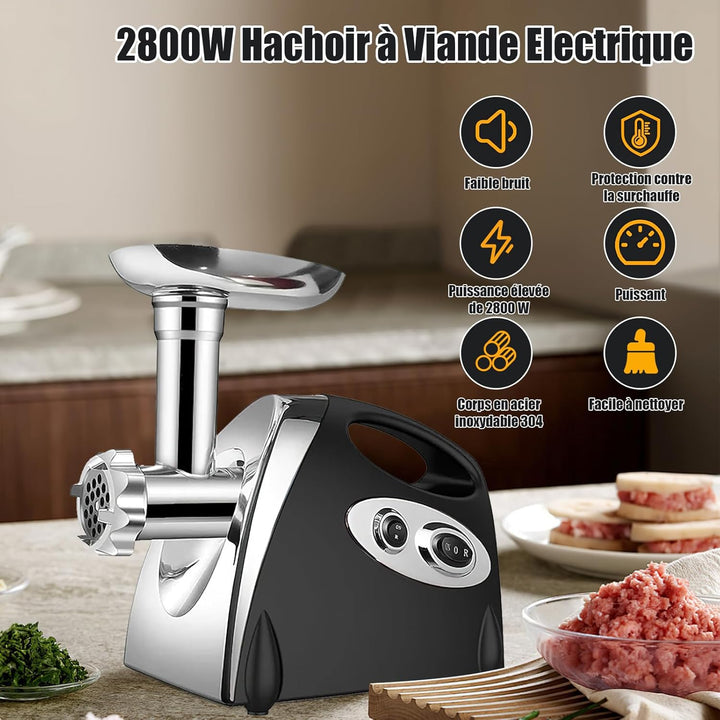 Elektrischer Fleischwolf, 2800W 3 in 1 Fleischwolf, mit 3 Platten aus Edelstahl für 3 mm, 5 mm und 7