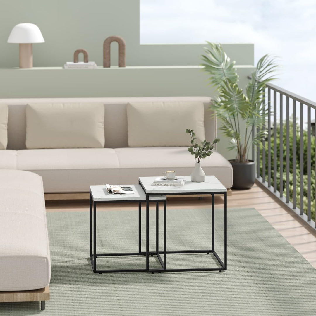 NMK HOME 2er Set Couchtische – Quadratisch – Marmor Weiss Schwarz – Industrial Design – platzsparend