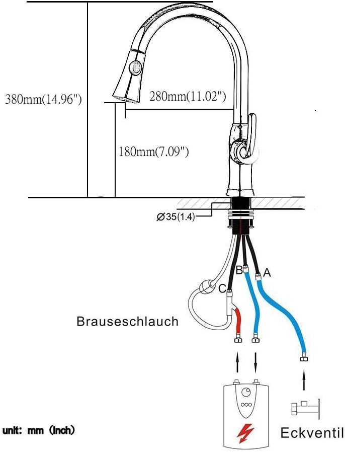 Niederdruck Ausziehbar Küchenarmatur 360° drehbar Wasserhahn mit Dual-Spülbrause und hohem Rundbogen