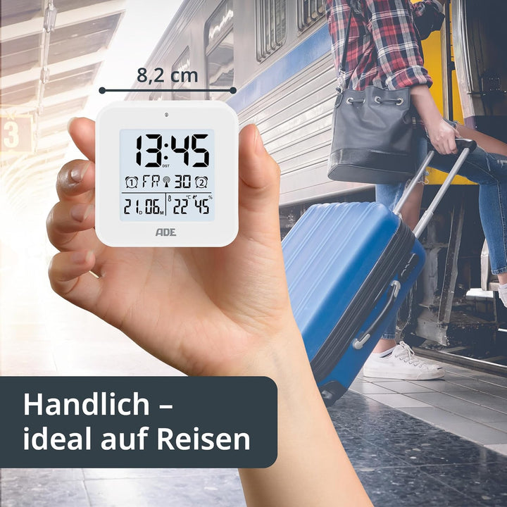 ADE Funkwecker digital mit Batterie | 2 Weckzeiten | Temperaturanzeige | Luftfeuchtigkeit | Reisewec