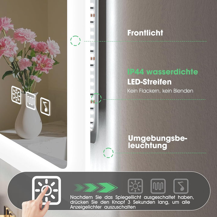 S'bagno Badspiegel-mit-Beleuchtung 80x60cm, Led-Badezimmerspiegel-mit-Licht, Bluetooth, Entfoggen, 3