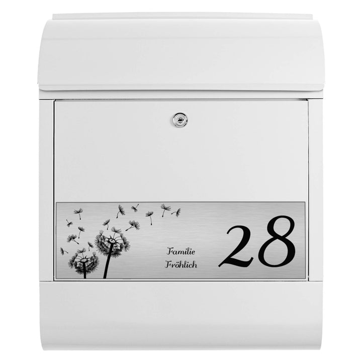 banjado® Briefkasten personalisiert mit graviertem Namensschild in Silber/Briefkasten weiss 39x47x14