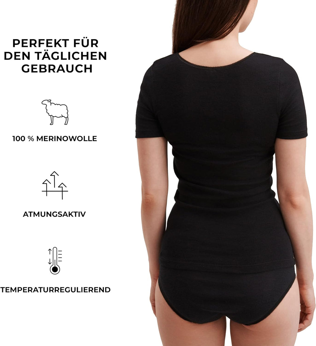 Dilling Merino T-Shirt für Damen - aus 100% Bio-Merinowolle, 36 Schwarz