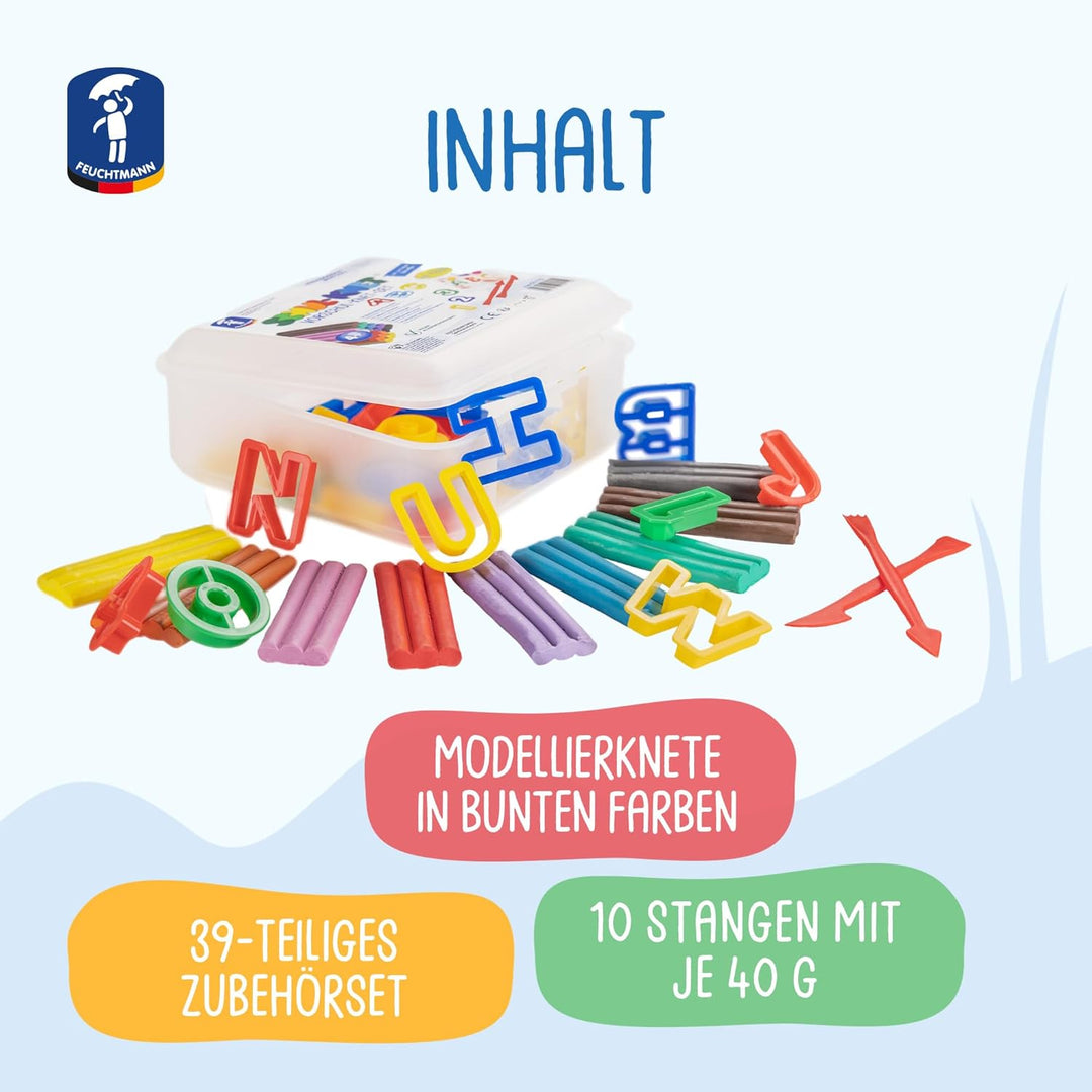 Feuchtmann SCHUL-KNET - Vorschul-Knet-Set 49-teilig, 400g Kinderknete mit Buchstaben, Zahlen und Wer