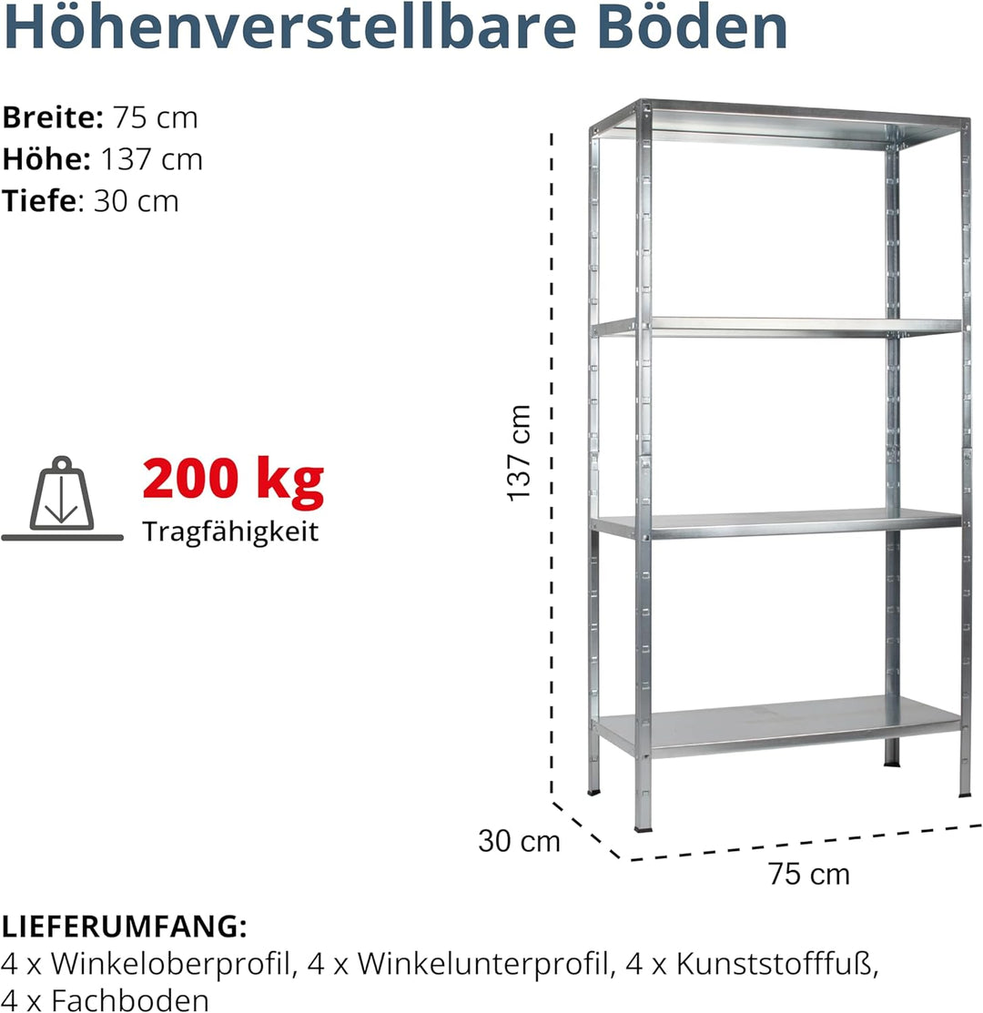 Schulte Regalwelt Lagerregal mit 4 PowerMAX-Fachböden, 137x75x30cm Regalsystem, Steckregal mit einfa