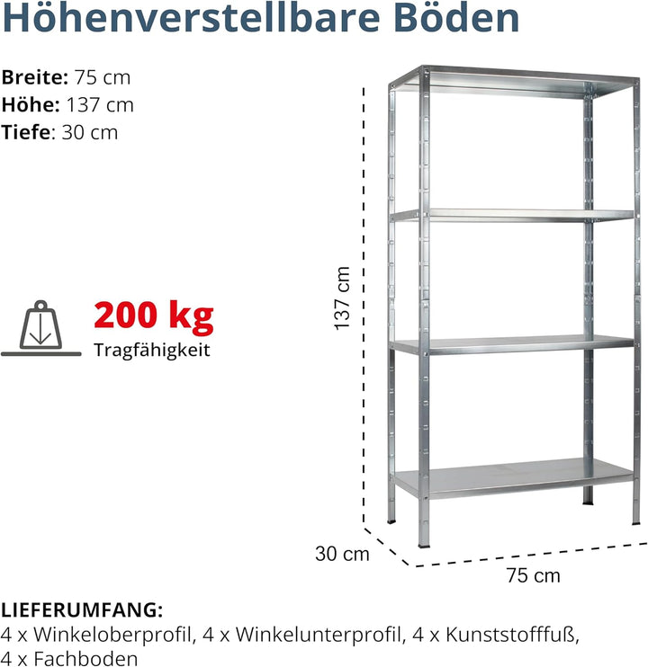 Schulte Regalwelt Lagerregal mit 4 PowerMAX-Fachböden, 137x75x30cm Regalsystem, Steckregal mit einfa