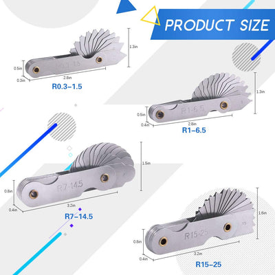 Glarks 4 Pack R0.3-1.5/ R1-6.5/ R7-14.5/ R15-25 Radius Gauge Set, Stainless Steel Radius Fillet Gage