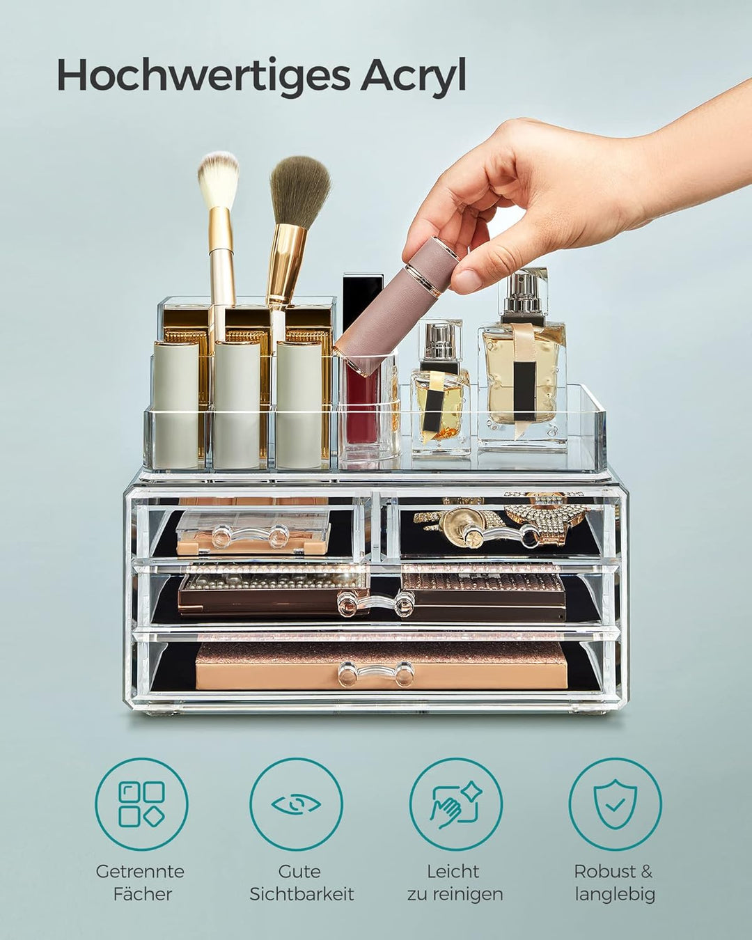 SONGMICS Make-up Organizer, Kosmetik-Organizer mit 4 Schubladen und 11 Fächern in unterschiedlichen