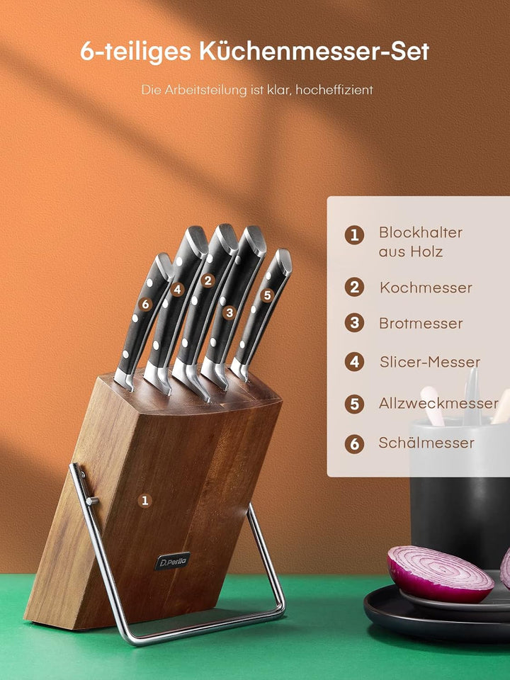 D.Perlla Messerblock Set, 6 teilig Messerset mit Holzblock, Kochmesser Set mit Scharfe Klingen, Edel