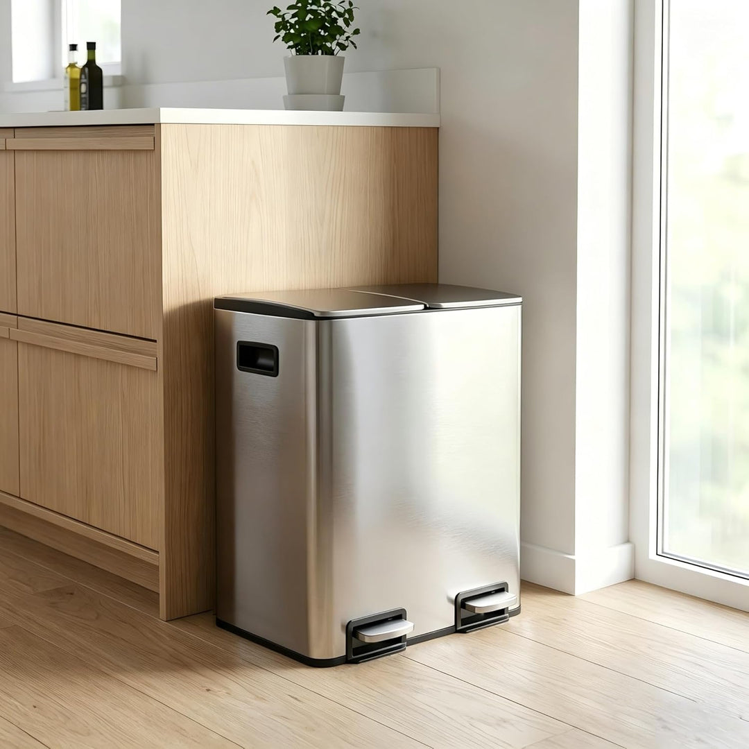 Mülleimer Küche 2 x 19 L(38L), Edelstahl Treteimer mit Deckel, Mülltrennsystem 2 Fächer, Abfalleimer