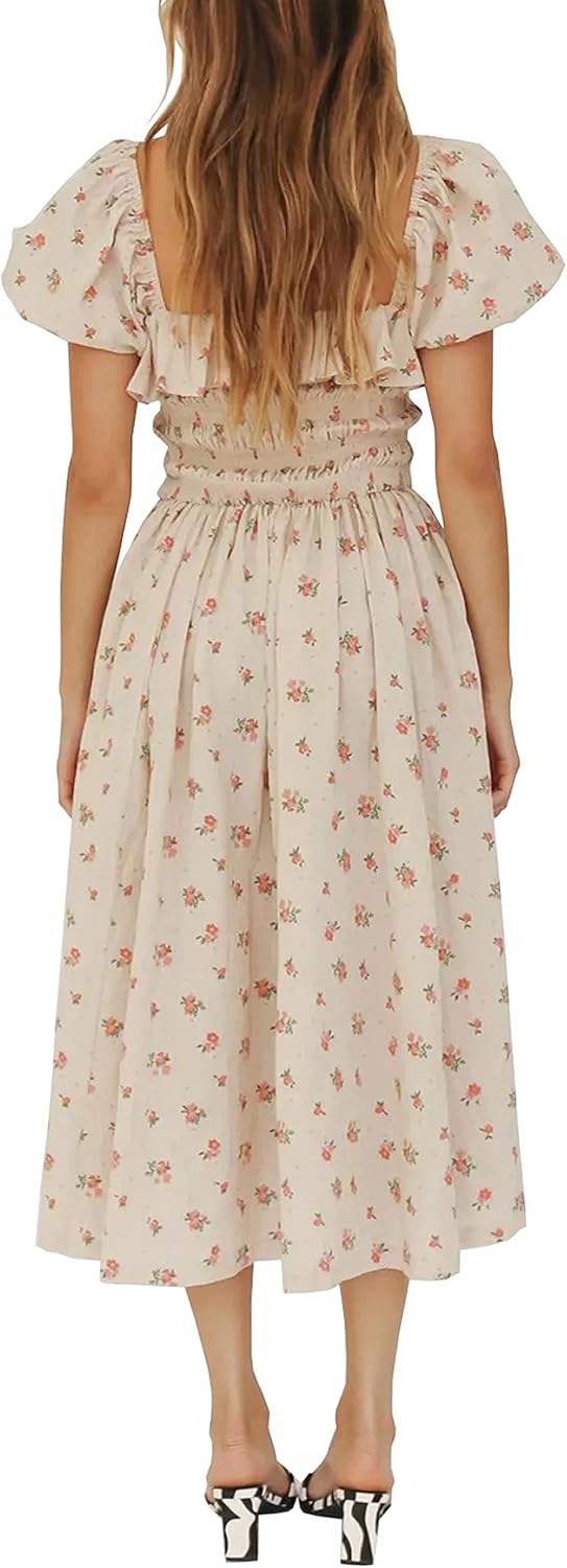 R.Vivimos Damen Casual A-Line Print Vierkant Puff Ärmel Kleid Saum Hohe Taille Midi Fitted Kleid Ber
