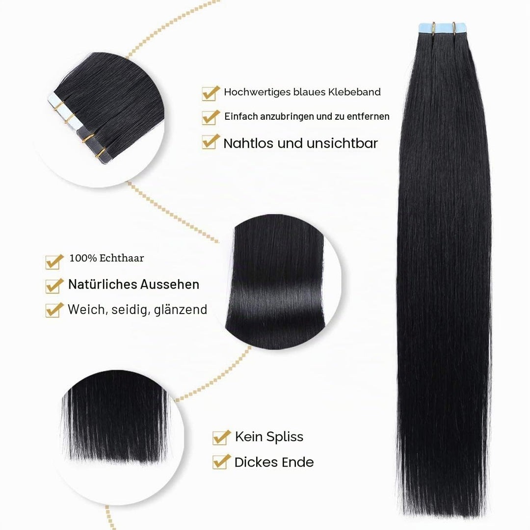 YILITE Tape Extensions Echthaar, Jet Black 45cm 20 Stück/Packung 50g Tape in Extensions Echthaar Inv