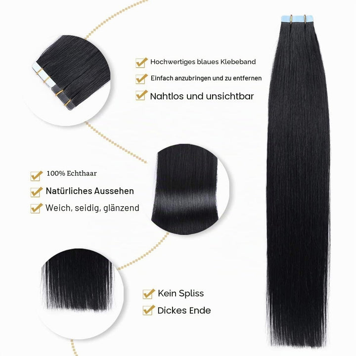 YILITE Tape Extensions Echthaar, Jet Black 45cm 20 Stück/Packung 50g Tape in Extensions Echthaar Inv