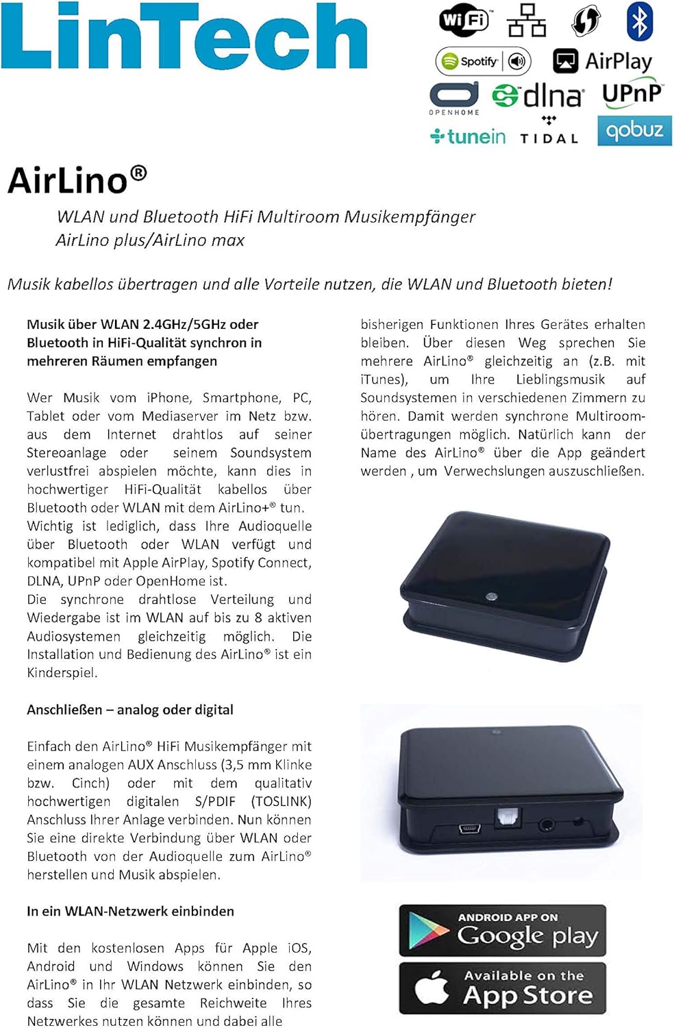 AirLino® Plus WiFi & Bluetooth Multiroom Empfänger/Receiver/Audio Streaming via WLAN oder Bluetooth
