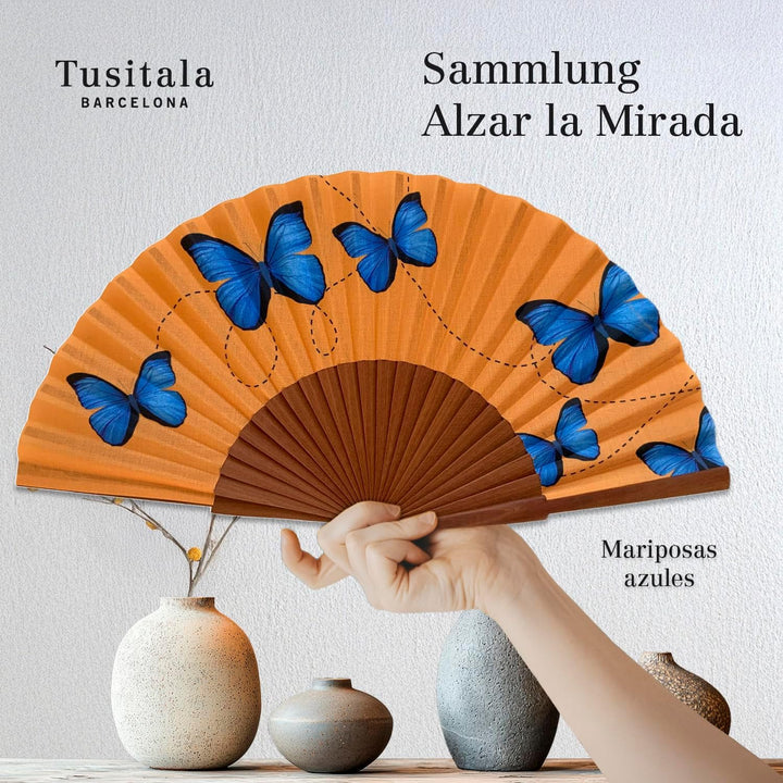 Spanischer Handfächer Diana – Holz und Baumwolle – 23 cm – Etui und Hülle aus Jute – Modeaccessoire