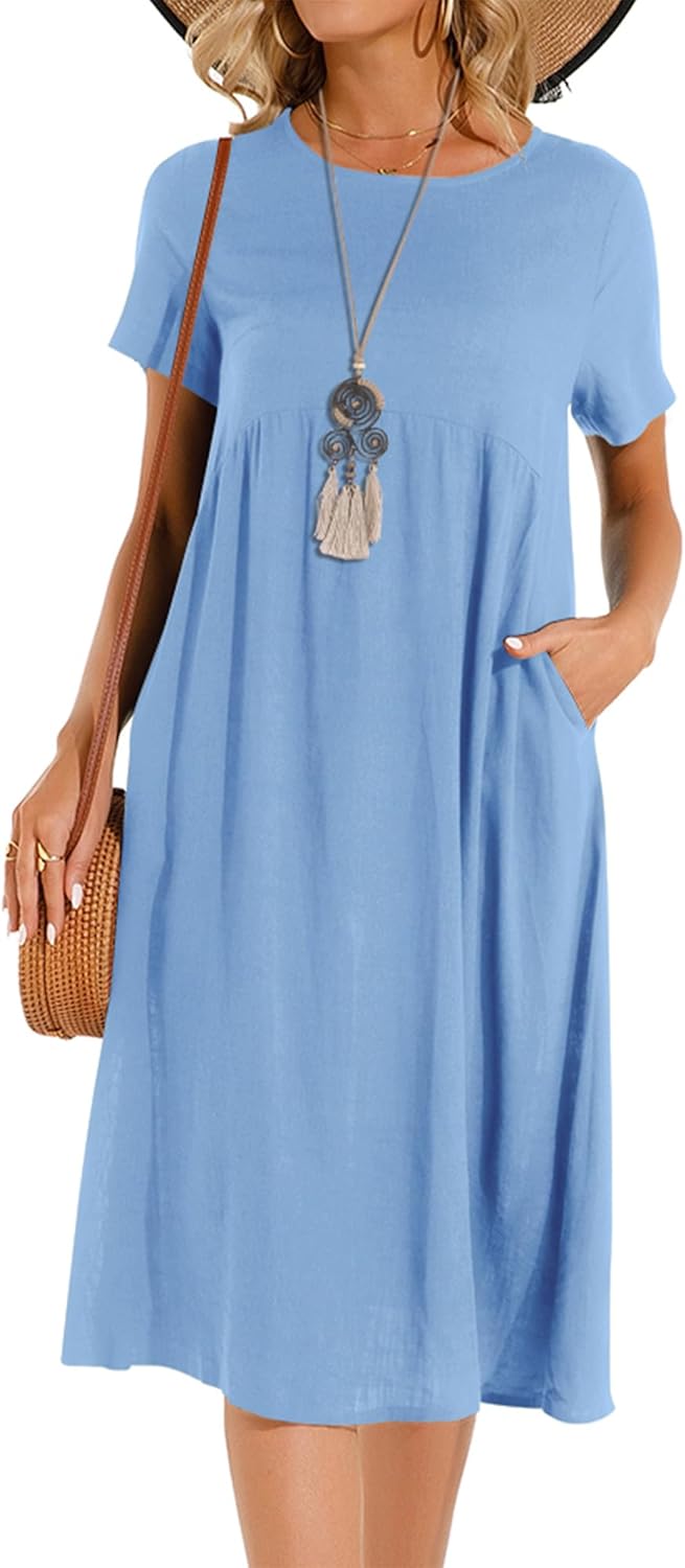 Sommerkleid Damen Leinen Kleider Casual V-Ausschnitt Midikleid Kurzarm A-Linie Kleid Strandkleid Ohn
