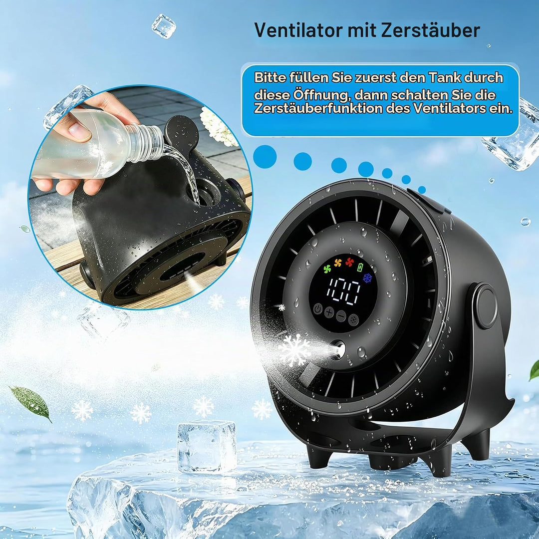 Tragbarer Tischventilator, Wiederaufladbar mit Sprühnebel, Schwarz | Turbo Digitalanzeige, 3 Geschwi