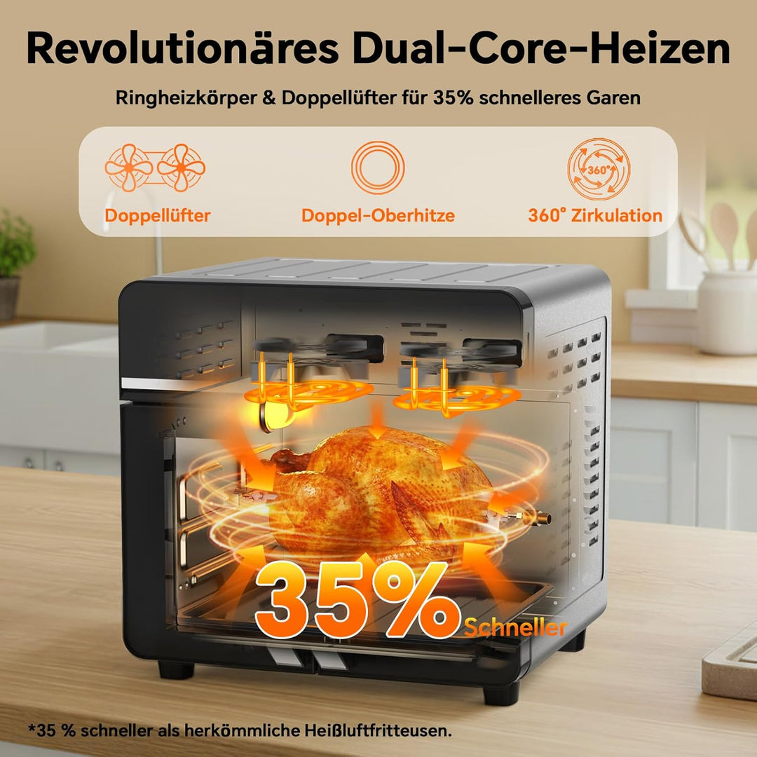 Heissluftfritteuse 23L XXL Mini Backofen mit Französischen Türen, 2600W Air Fryer Dual Zone mit Smar