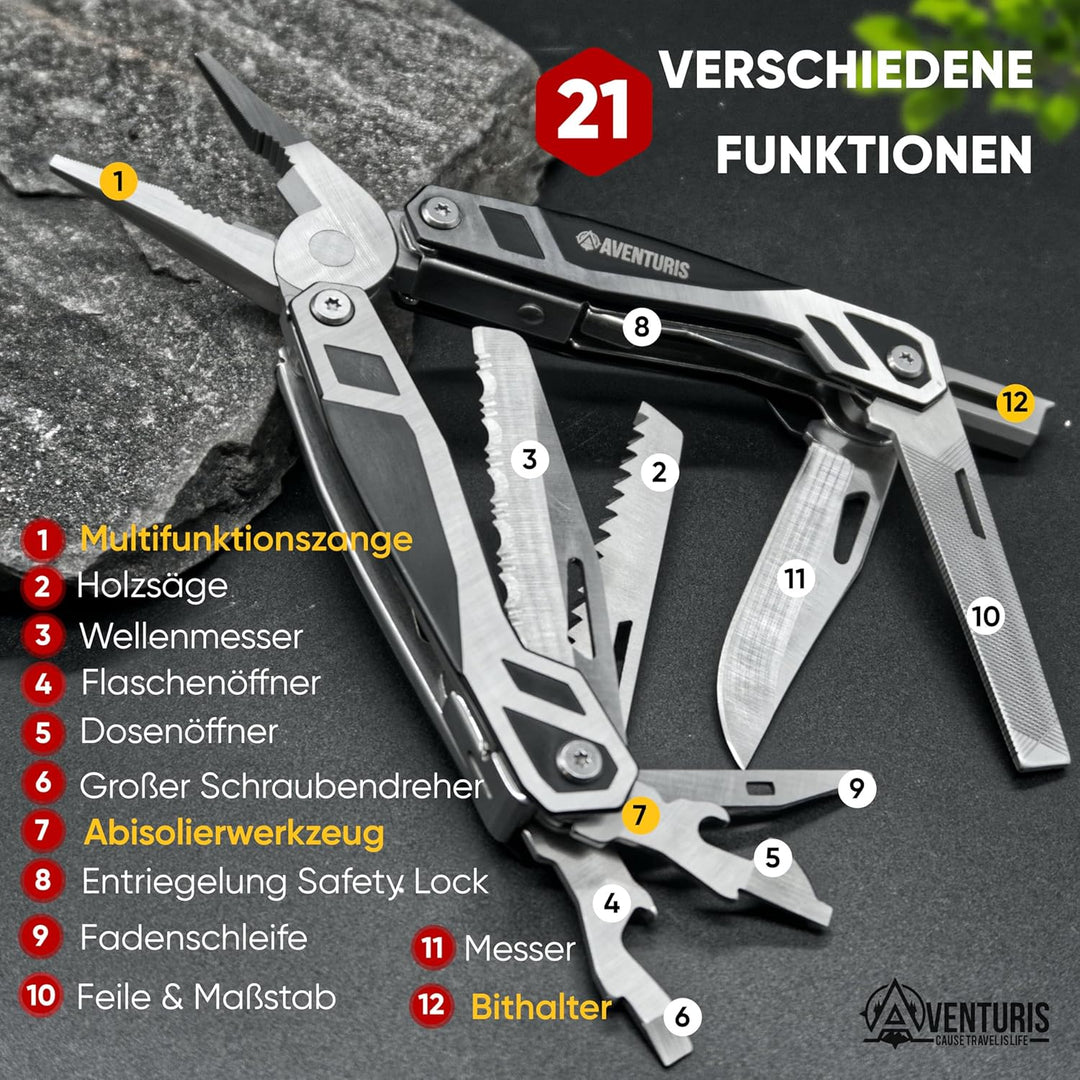 AVENTURIS® Multitool-Werkzeug 21 Funktionen [Edelstahl] Deutscher Standard! Ein Multifunktionswerkze