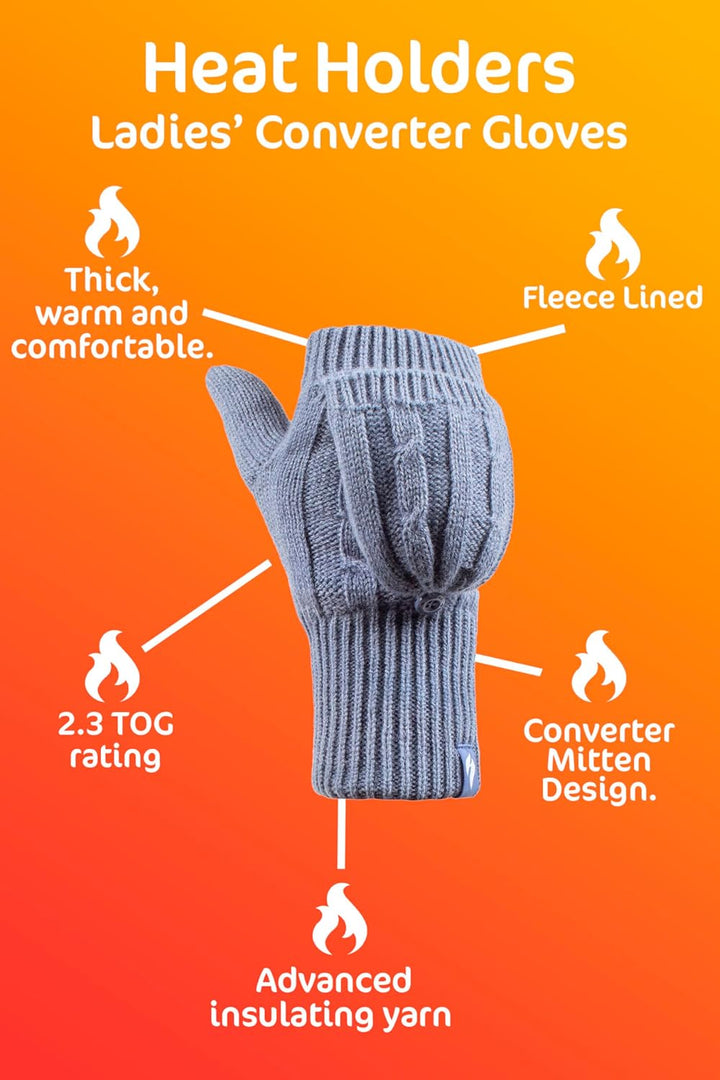 HEAT HOLDERS Fingerlose Damen-Thermo-Konverter-Handschuhe mit Zopfmuster, 2,3 Tog Violett, Violett