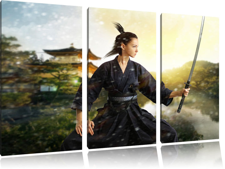 Pixxprint Samurai-Kriegerin Schnee / 3-Teilig/Gesamtmass 120cm Leinwandbild bespannt auf Holzrahmen/