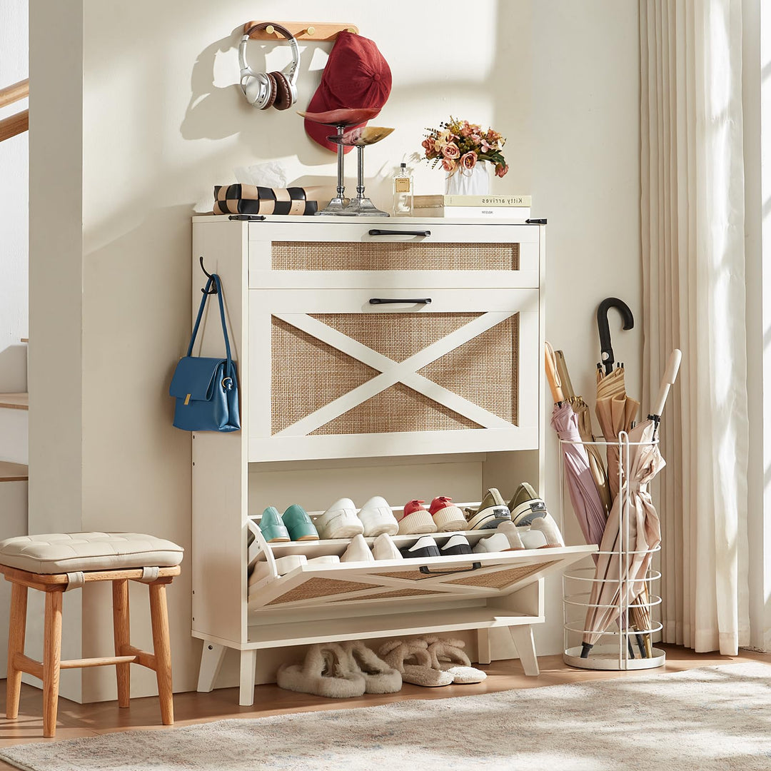 LELELINKY Schuhschrank für den Eingangsbereich mit 2 Rattan-Klappschubladen, schmaler Boho-Schuhschr