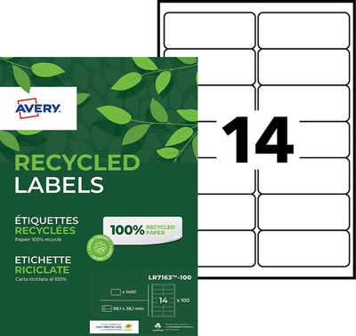 AVERY Zweckform LR7163-100 Adress-Etiketten (A4, 1.400 Stück, Recycling, 99,1 x 38,1 mm, 100 Blatt)