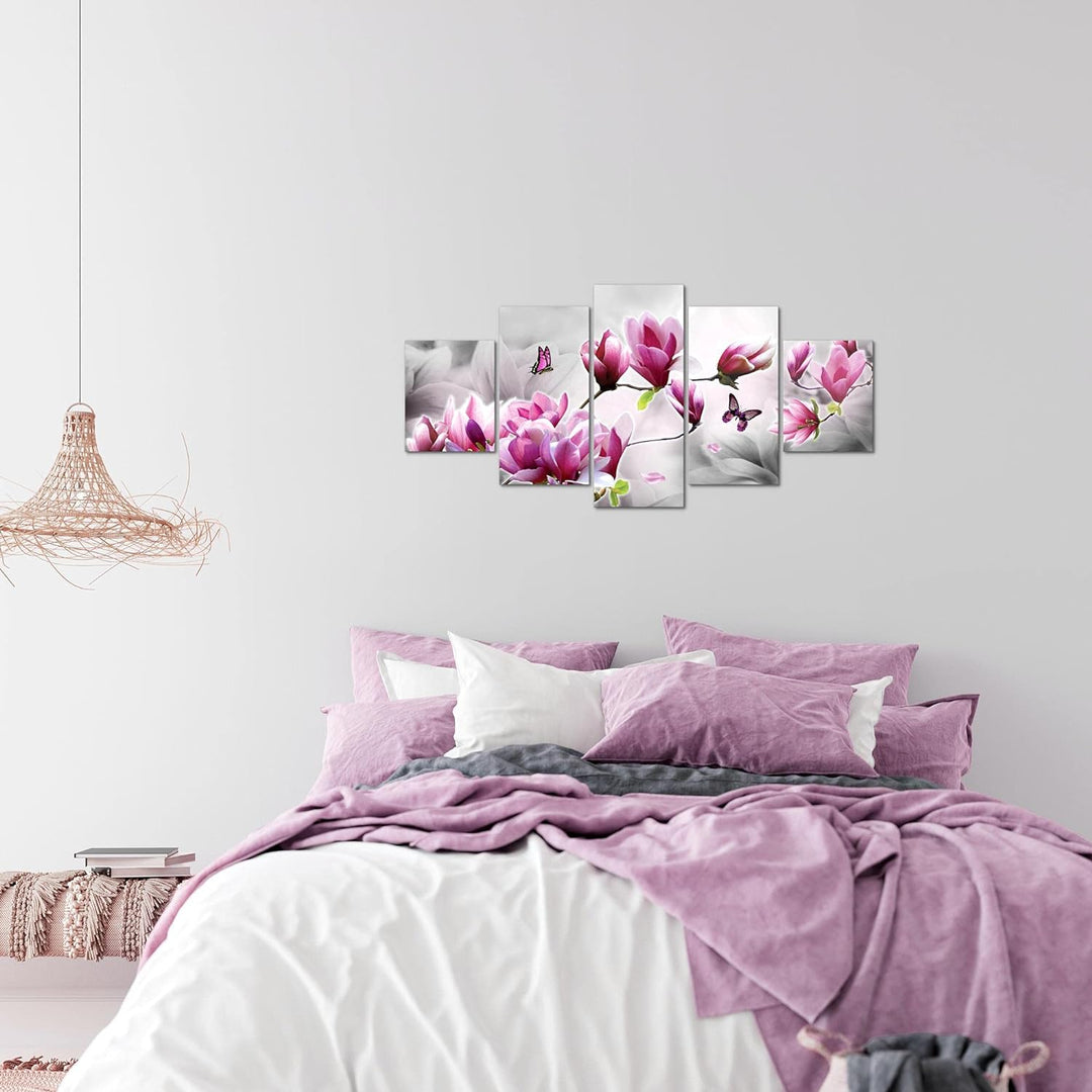 Runa Art Wandbilder Blumen Magnolien 5 Teilig Bild auf Vlies Leinwand Deko Wohnzimmer Schmetterling