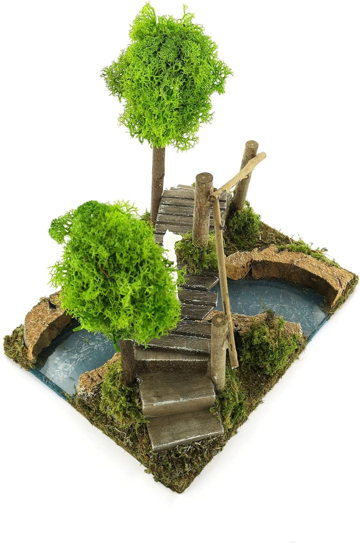 Ferrari & Arrighetti Fluss mit Fussbrücke und Bäumen, Holz, Mehrfarbig, Einheitsgrösse