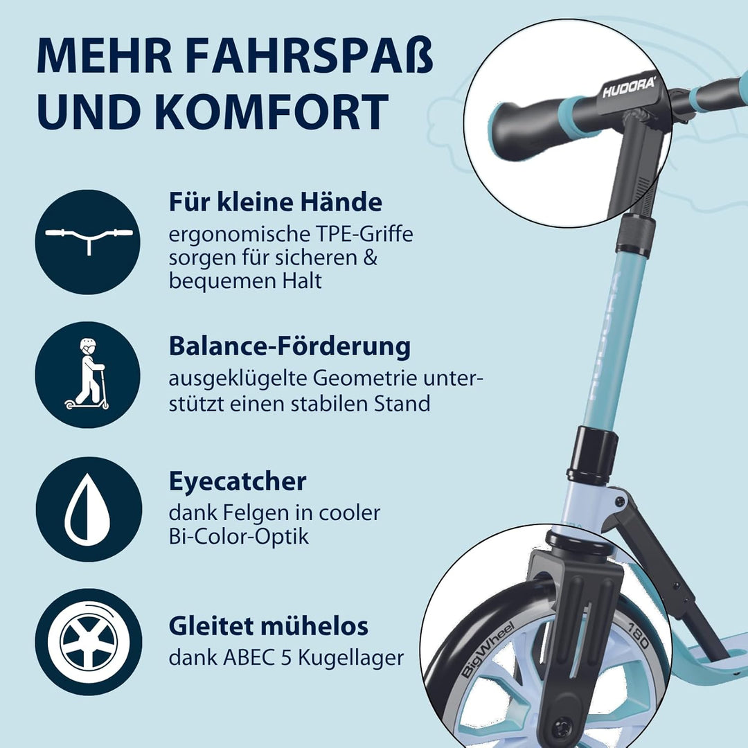 HUDORA BigWheel® 180 Advanced Junior - Hochwertiger & sicherer Kinder Roller ab 3 Jahre - Zusammenkl